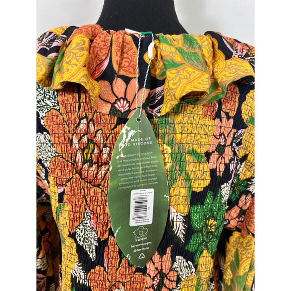 FARM Rio Black Garden Lenzing Dress in Yellow Floral Print Size XL Midi Summer - Picture 5 of 5